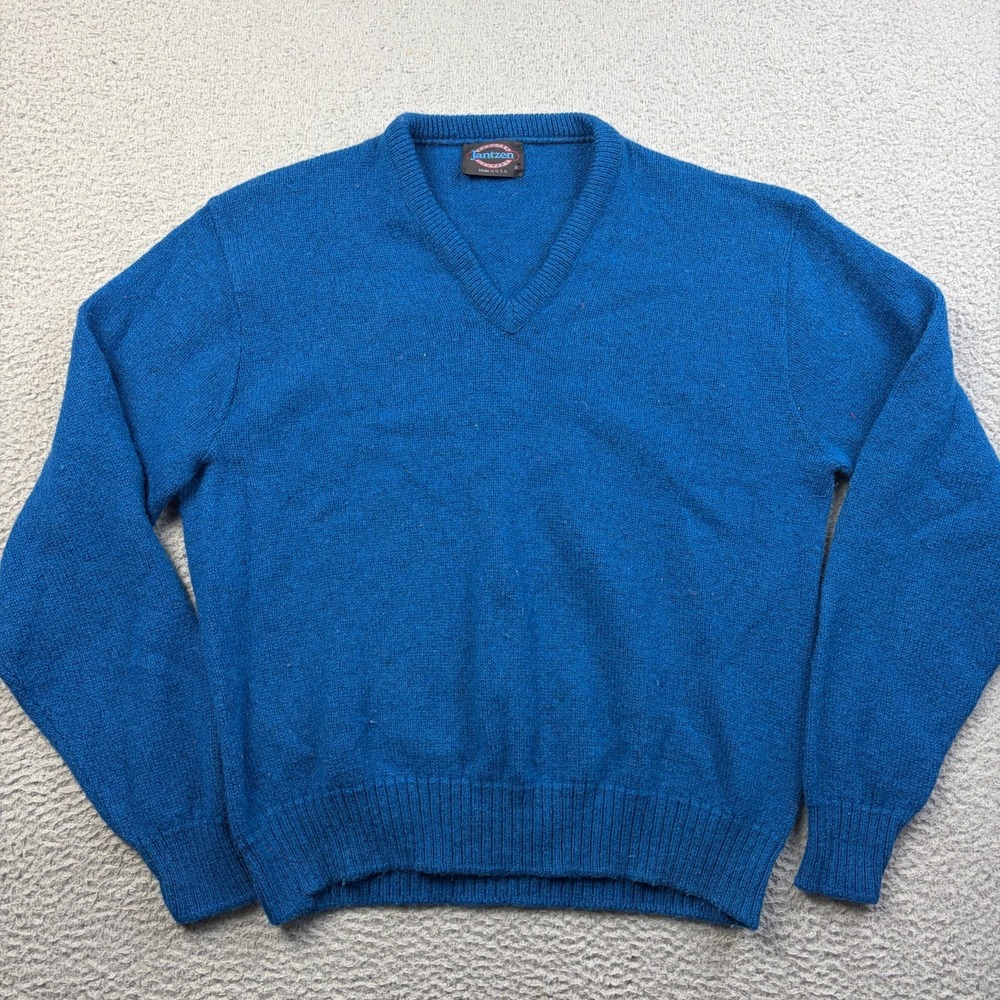 VTG Jantzen Men's V-Neck Knit Pullover Sweater Blue Made in USA Size XL